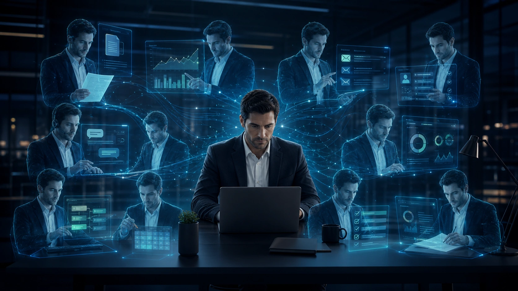 Operational employee supported by an AI agent, with simultaneous tasks such as email, documents, analysis, checklists and dashboards to suggest a strong productivity increase