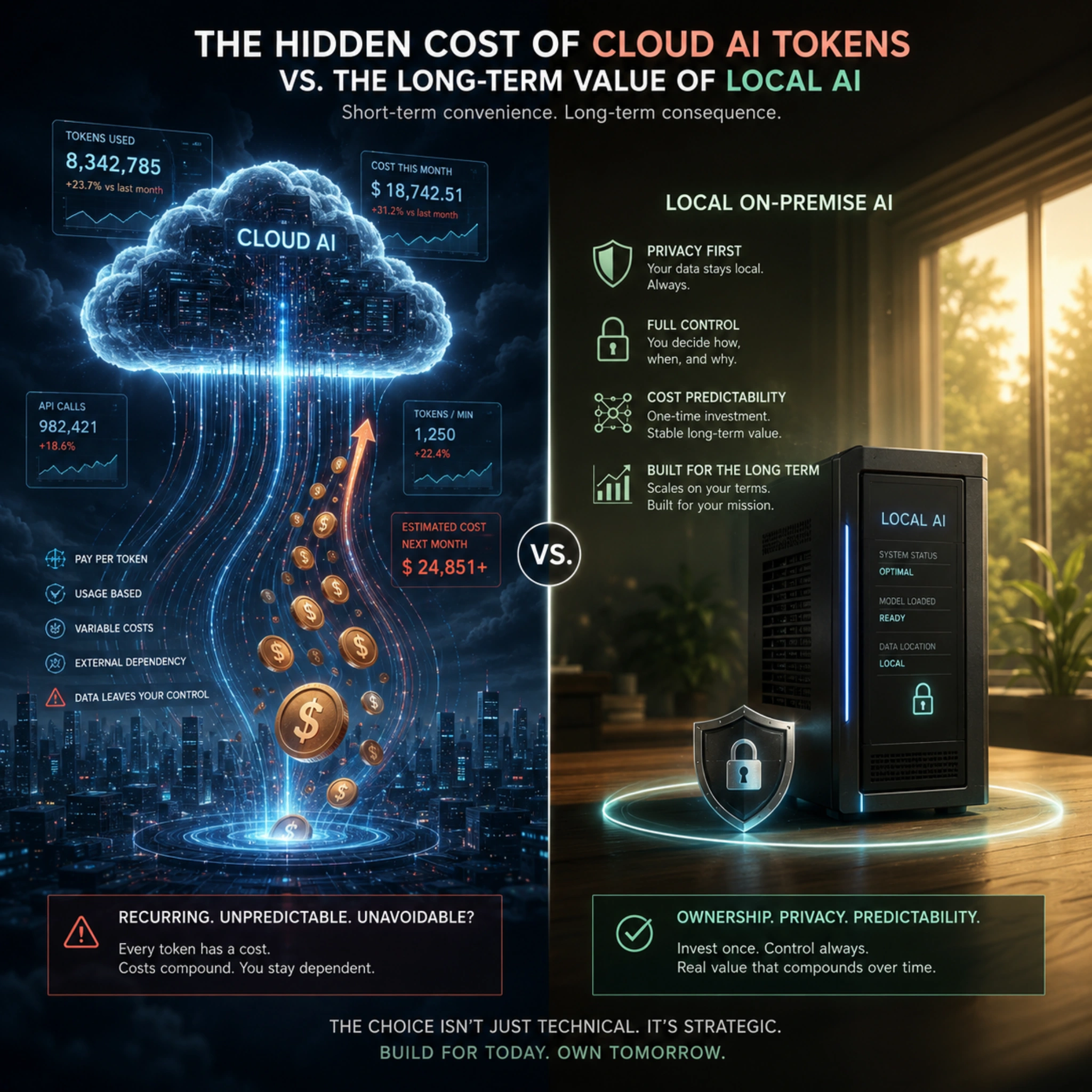 Confronto tra costi variabili dei token in cloud AI e valore di lungo periodo di una soluzione AI locale on premise